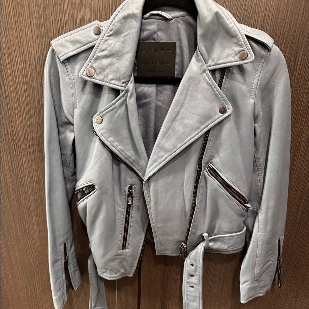 All Saints Light Blue Leather Moto Jacket Asymmetrical Zipper